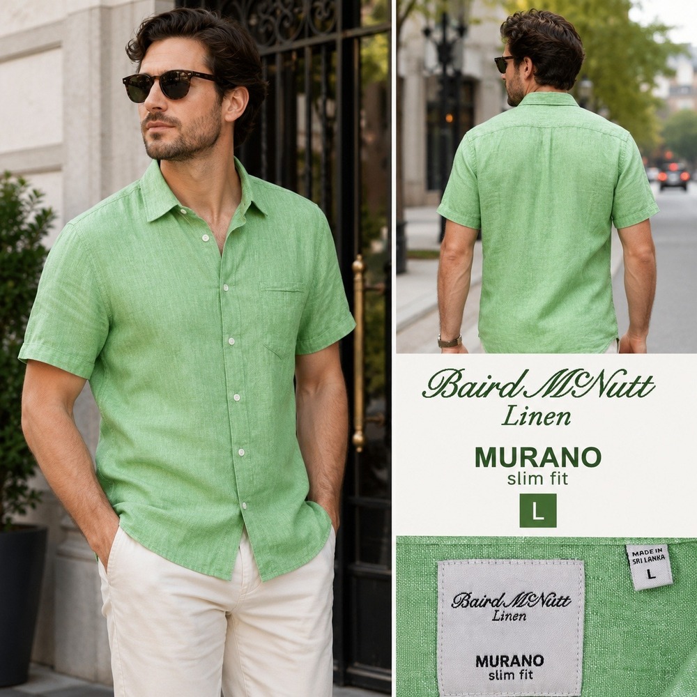 Murano Baird McNutt Linen Shirt Mens Large Green Slim Fit Short Sleeve Button Up